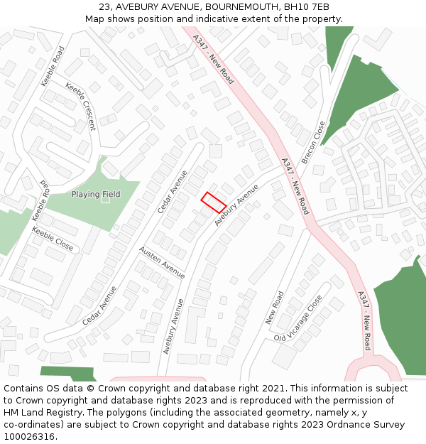 23, AVEBURY AVENUE, BOURNEMOUTH, BH10 7EB: Location map and indicative extent of plot