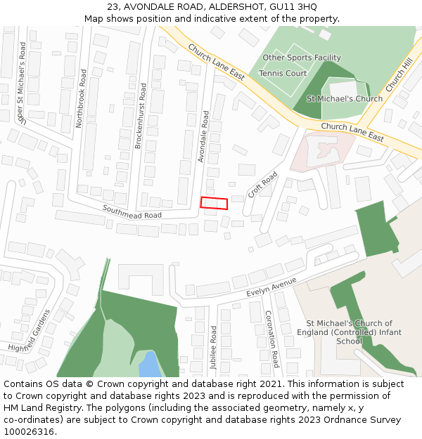 23, AVONDALE ROAD, ALDERSHOT, GU11 3HQ: Location map and indicative extent of plot