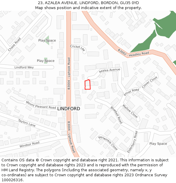 23, AZALEA AVENUE, LINDFORD, BORDON, GU35 0YD: Location map and indicative extent of plot