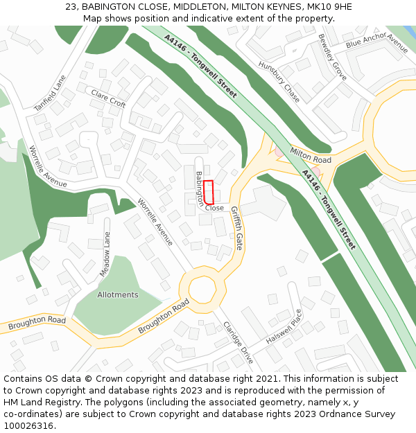 23, BABINGTON CLOSE, MIDDLETON, MILTON KEYNES, MK10 9HE: Location map and indicative extent of plot