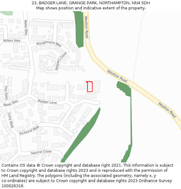 23, BADGER LANE, GRANGE PARK, NORTHAMPTON, NN4 5DH: Location map and indicative extent of plot