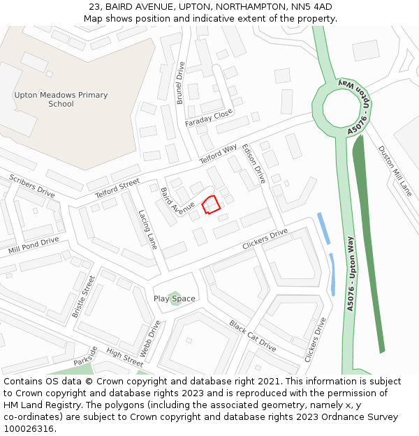 23, BAIRD AVENUE, UPTON, NORTHAMPTON, NN5 4AD: Location map and indicative extent of plot