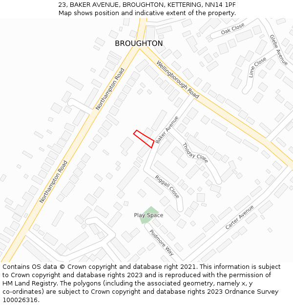 23, BAKER AVENUE, BROUGHTON, KETTERING, NN14 1PF: Location map and indicative extent of plot