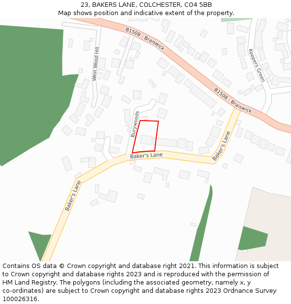 23, BAKERS LANE, COLCHESTER, CO4 5BB: Location map and indicative extent of plot