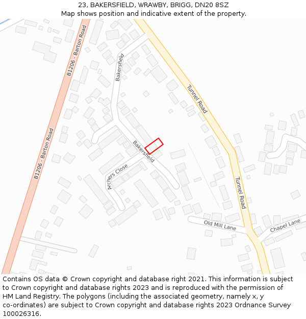 23, BAKERSFIELD, WRAWBY, BRIGG, DN20 8SZ: Location map and indicative extent of plot