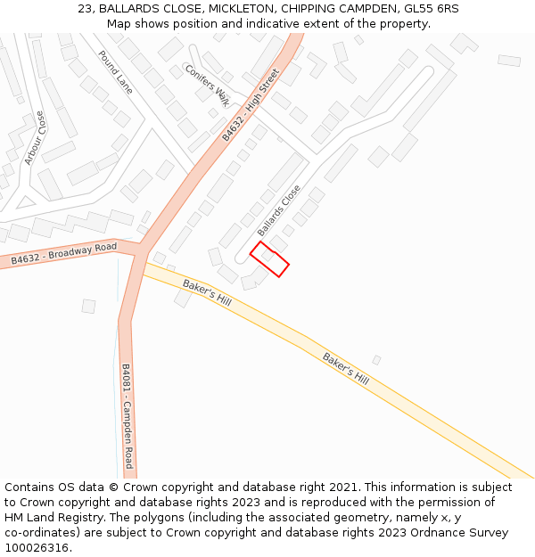 23, BALLARDS CLOSE, MICKLETON, CHIPPING CAMPDEN, GL55 6RS: Location map and indicative extent of plot