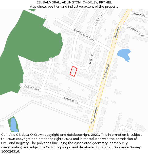 23, BALMORAL, ADLINGTON, CHORLEY, PR7 4EL: Location map and indicative extent of plot