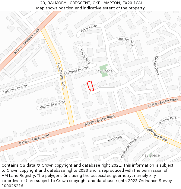 23, BALMORAL CRESCENT, OKEHAMPTON, EX20 1GN: Location map and indicative extent of plot