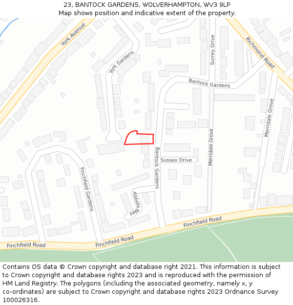 23, BANTOCK GARDENS, WOLVERHAMPTON, WV3 9LP: Location map and indicative extent of plot