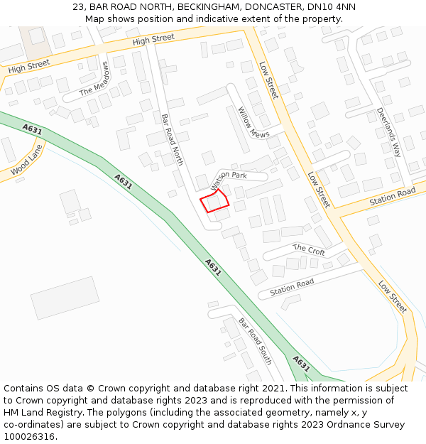 23, BAR ROAD NORTH, BECKINGHAM, DONCASTER, DN10 4NN: Location map and indicative extent of plot