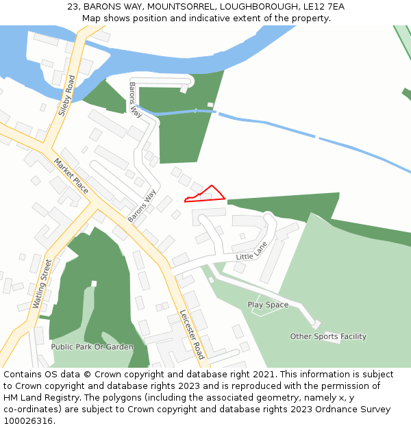 23, BARONS WAY, MOUNTSORREL, LOUGHBOROUGH, LE12 7EA: Location map and indicative extent of plot