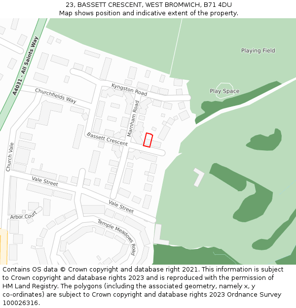 23, BASSETT CRESCENT, WEST BROMWICH, B71 4DU: Location map and indicative extent of plot