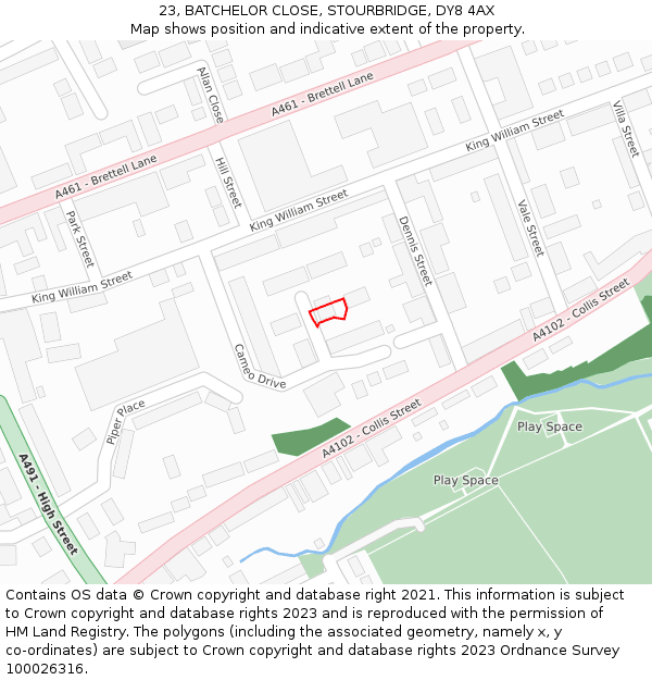 23, BATCHELOR CLOSE, STOURBRIDGE, DY8 4AX: Location map and indicative extent of plot