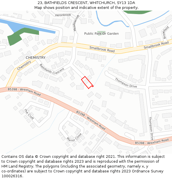 23, BATHFIELDS CRESCENT, WHITCHURCH, SY13 1DA: Location map and indicative extent of plot
