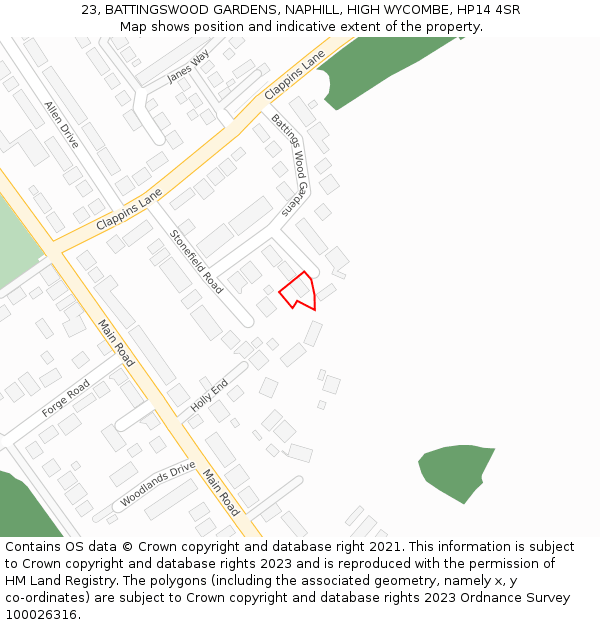 23, BATTINGSWOOD GARDENS, NAPHILL, HIGH WYCOMBE, HP14 4SR: Location map and indicative extent of plot