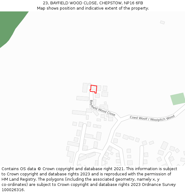 23, BAYFIELD WOOD CLOSE, CHEPSTOW, NP16 6FB: Location map and indicative extent of plot