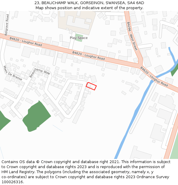 23, BEAUCHAMP WALK, GORSEINON, SWANSEA, SA4 6AD: Location map and indicative extent of plot