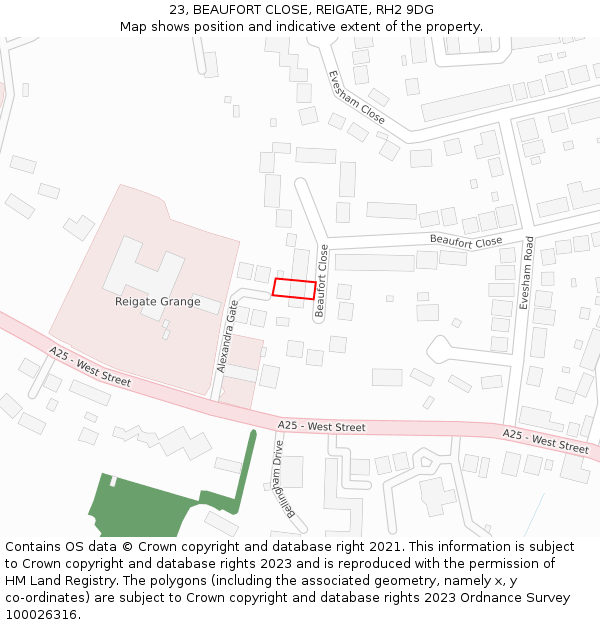 23, BEAUFORT CLOSE, REIGATE, RH2 9DG: Location map and indicative extent of plot