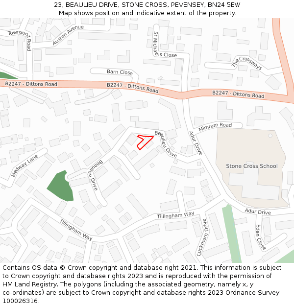 23, BEAULIEU DRIVE, STONE CROSS, PEVENSEY, BN24 5EW: Location map and indicative extent of plot