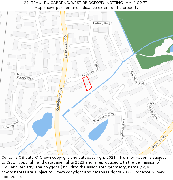 23, BEAULIEU GARDENS, WEST BRIDGFORD, NOTTINGHAM, NG2 7TL: Location map and indicative extent of plot