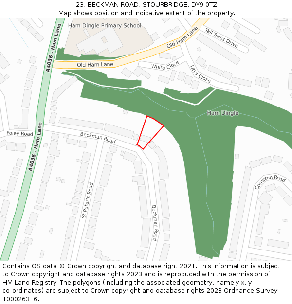 23, BECKMAN ROAD, STOURBRIDGE, DY9 0TZ: Location map and indicative extent of plot