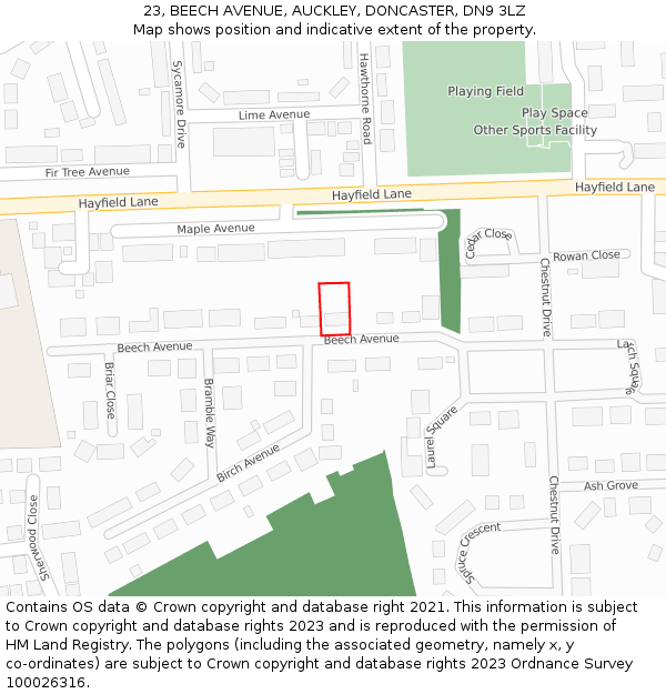 23, BEECH AVENUE, AUCKLEY, DONCASTER, DN9 3LZ: Location map and indicative extent of plot