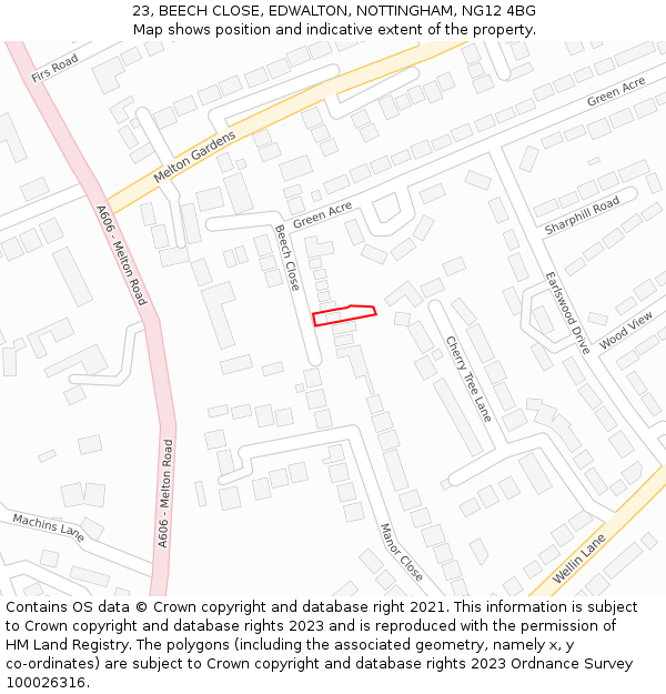 23, BEECH CLOSE, EDWALTON, NOTTINGHAM, NG12 4BG: Location map and indicative extent of plot