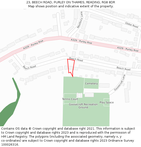 23, BEECH ROAD, PURLEY ON THAMES, READING, RG8 8DR: Location map and indicative extent of plot