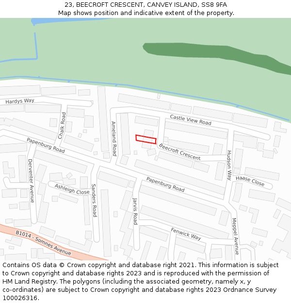 23, BEECROFT CRESCENT, CANVEY ISLAND, SS8 9FA: Location map and indicative extent of plot