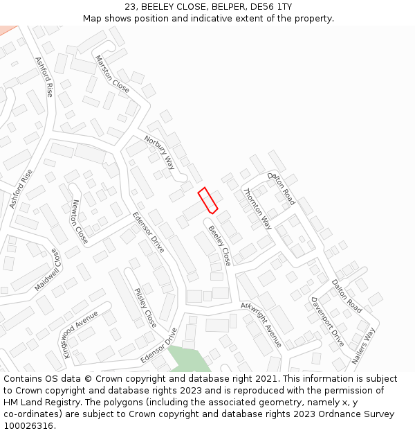 23, BEELEY CLOSE, BELPER, DE56 1TY: Location map and indicative extent of plot