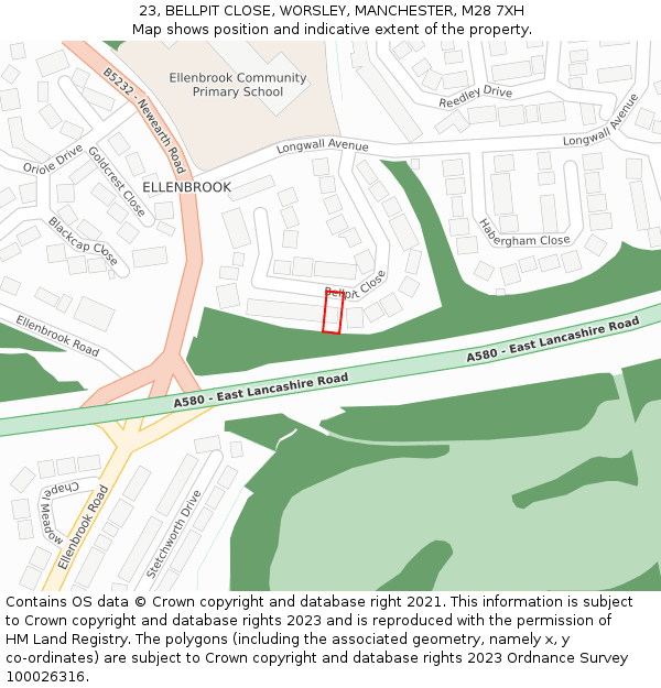 23, BELLPIT CLOSE, WORSLEY, MANCHESTER, M28 7XH: Location map and indicative extent of plot