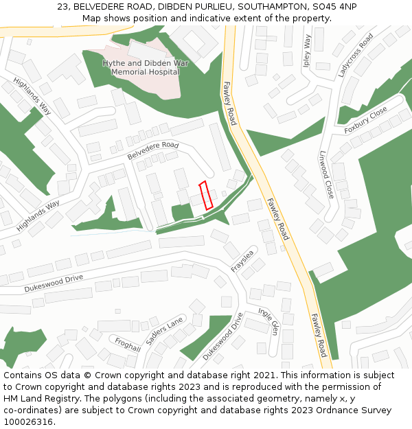 23, BELVEDERE ROAD, DIBDEN PURLIEU, SOUTHAMPTON, SO45 4NP: Location map and indicative extent of plot