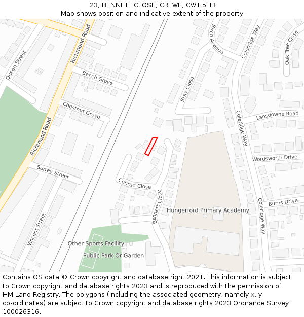 23, BENNETT CLOSE, CREWE, CW1 5HB: Location map and indicative extent of plot