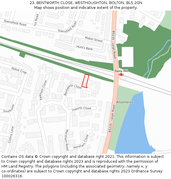 23, BENTWORTH CLOSE, WESTHOUGHTON, BOLTON, BL5 2GN: Location map and indicative extent of plot