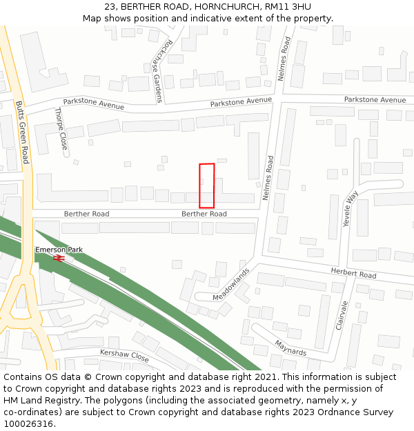 23, BERTHER ROAD, HORNCHURCH, RM11 3HU: Location map and indicative extent of plot