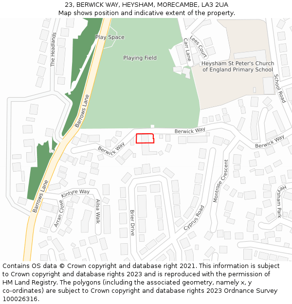 23, BERWICK WAY, HEYSHAM, MORECAMBE, LA3 2UA: Location map and indicative extent of plot