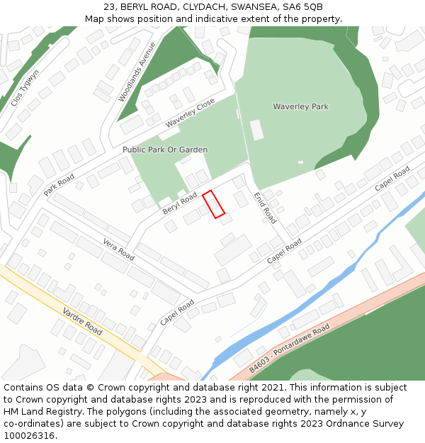 23, BERYL ROAD, CLYDACH, SWANSEA, SA6 5QB: Location map and indicative extent of plot