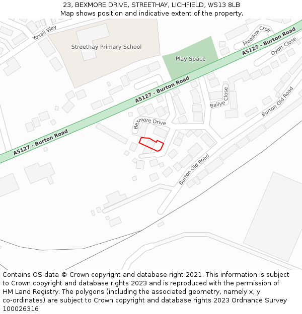 23, BEXMORE DRIVE, STREETHAY, LICHFIELD, WS13 8LB: Location map and indicative extent of plot