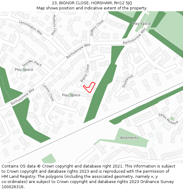 23, BIGNOR CLOSE, HORSHAM, RH12 5JQ: Location map and indicative extent of plot