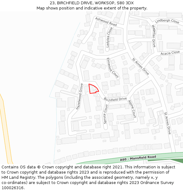 23, BIRCHFIELD DRIVE, WORKSOP, S80 3DX: Location map and indicative extent of plot