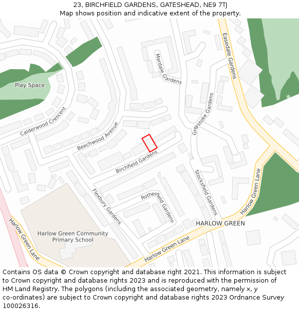 23, BIRCHFIELD GARDENS, GATESHEAD, NE9 7TJ: Location map and indicative extent of plot