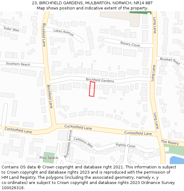 23, BIRCHFIELD GARDENS, MULBARTON, NORWICH, NR14 8BT: Location map and indicative extent of plot