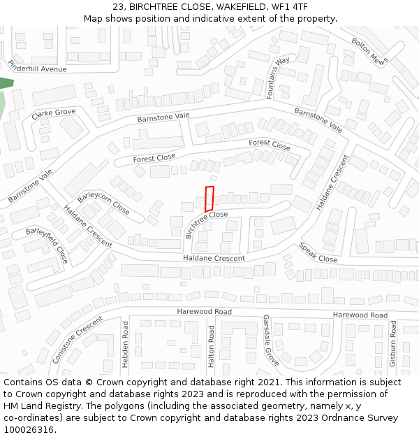 23, BIRCHTREE CLOSE, WAKEFIELD, WF1 4TF: Location map and indicative extent of plot