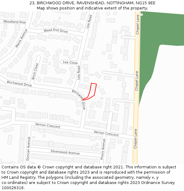 23, BIRCHWOOD DRIVE, RAVENSHEAD, NOTTINGHAM, NG15 9EE: Location map and indicative extent of plot