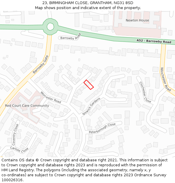 23, BIRMINGHAM CLOSE, GRANTHAM, NG31 8SD: Location map and indicative extent of plot