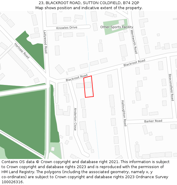 23, BLACKROOT ROAD, SUTTON COLDFIELD, B74 2QP: Location map and indicative extent of plot