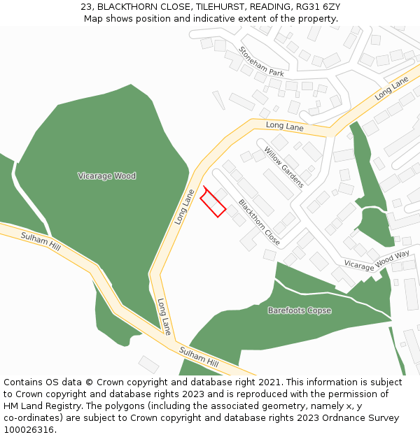 23, BLACKTHORN CLOSE, TILEHURST, READING, RG31 6ZY: Location map and indicative extent of plot