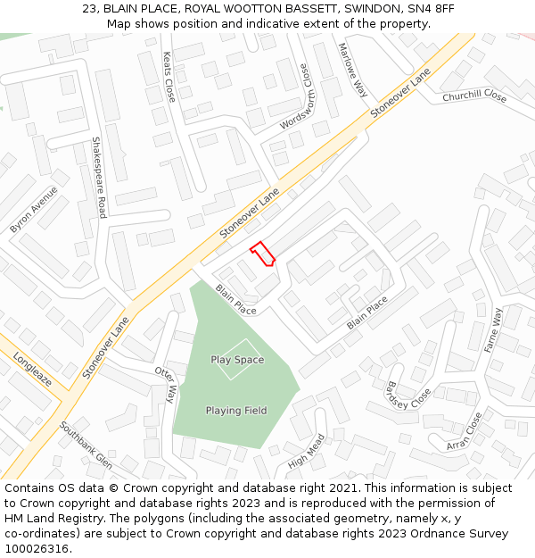 23, BLAIN PLACE, ROYAL WOOTTON BASSETT, SWINDON, SN4 8FF: Location map and indicative extent of plot