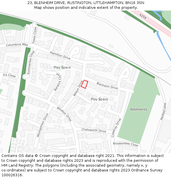 23, BLENHEIM DRIVE, RUSTINGTON, LITTLEHAMPTON, BN16 3SN: Location map and indicative extent of plot