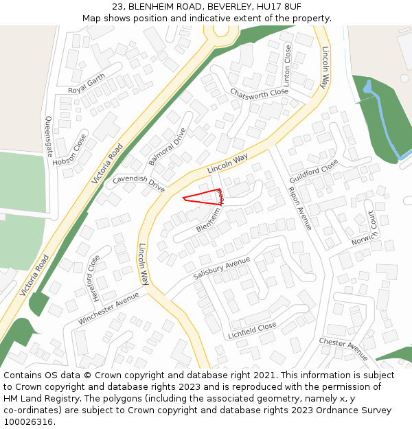 23, BLENHEIM ROAD, BEVERLEY, HU17 8UF: Location map and indicative extent of plot